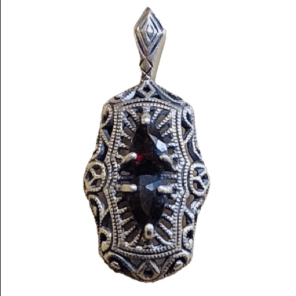 Vintage Sterling Silver Filigree Garnet  Pendant